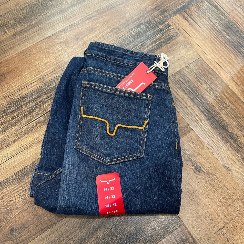Jennifer by Kimes Ranch Dark Blue Flare Jeans with Yellow Stitching